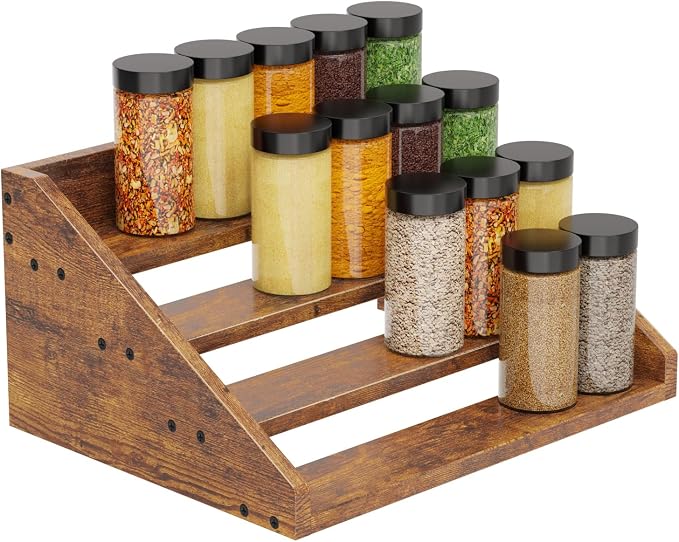 4 Tier Wood Spice Rack Organizer for Cabinet, Super Sturdy Display Riser Shelf Seasoning Organizer for Countertop Pantry Cupboard, Retro Storage Holder for Kitchen Condiment Jar Spice Container by Soultopxin