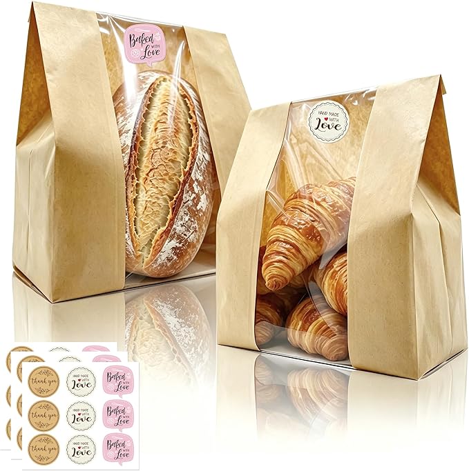Extra Large Paper Bread Bags for Homemade Bread with Window & Sticker for XL Sourdough Breads, Round Loaf, Baked Goods, Oval Loaves, Brown Kraft - 45 Pcs 16x10x5 Inch by Unknown