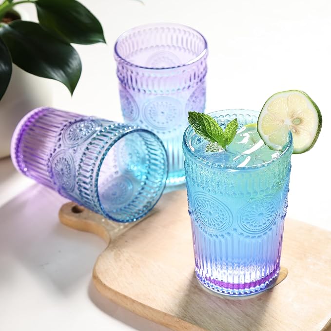 Loivttvv 6pcs Vintage Drinking Glasses Set, 12 oz Glass Cups, Embossed Ribbed Glassware Drinking Glasses for Cocktail, Water, Juice, Coffee, Whiskey - Image 4
