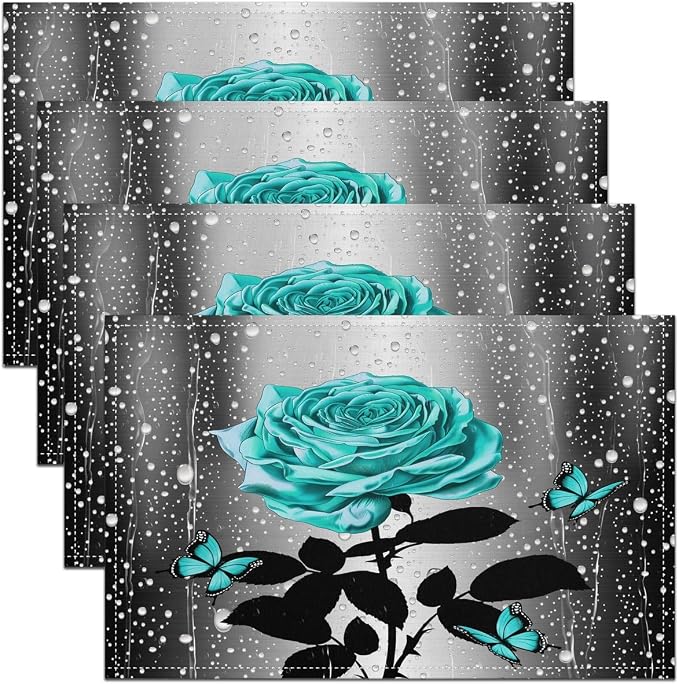 Feelyou Teal Water Rose Placemats Set of 4 Teal Butterfly Table Place Mats for Boys Girls Romantic Placemat for Kitchen Dining Table Floral Flower Indoor Outdoor Decor Table Mats 18"x12" by Feelyou