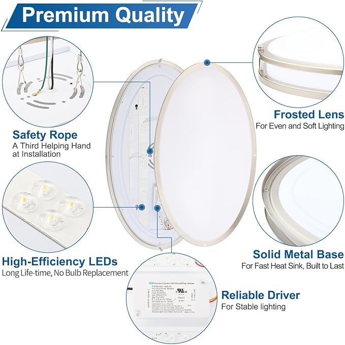 DAKASON 24Inch Oval LED Flush Mount Ceiling Light, 40W Large LED Light Fixture Ceiling for Kitchen/Living Room, 3500K/4000K/5000K Dimmable, Modern Low-Profile for Dining Room/Laundry, Brushed Nickel - Image 3