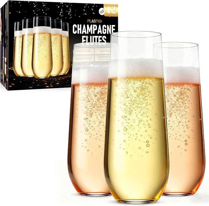Guanqiao 12 Pack Stemless Plastic Champagne Flutes, 9 oz Clear Disposable Plastic Glasses, Heavy Duty Shatterproof Recyclable Mimosa Glasses for Party Wine Tasting Wedding New Years Eve Party Supplies by GuanQiao