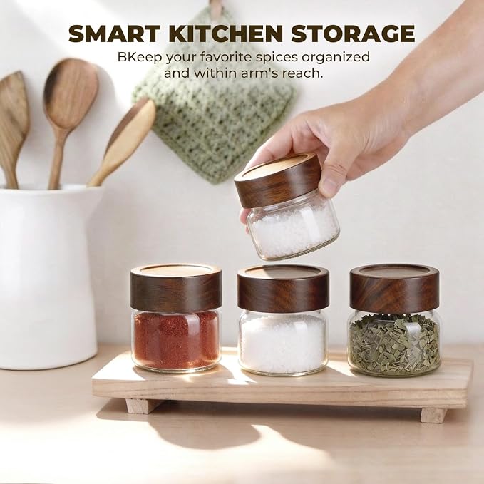 4 Pack 4 oz Glass Jars with Lids, Small Mason Jars with Airtight Acacia Wood Lid, Glass Spice Jars for Kitchen Pantry Organization, 4oz Small Jars for Spices, Nuts, Herbs & Seasoning - Image 5
