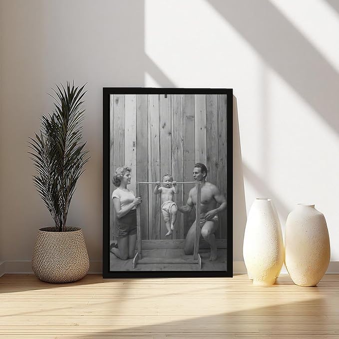 UXCBIA Baby Doing Pull-ups, Bodybuilder Family Black And White Retro Poster Canvas Poster Bedroom Decor Sports Landscape Office Room Decor Gift Black Frame 08x12in(20x30cm) - Image 6