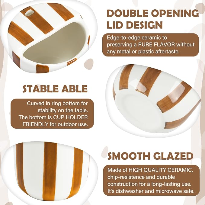 Ceramic Mug with Sip Hole 10 oz Brown Striped Ceramic Coffee Mug Hand Painted Travel Mugs Heat Resistant Non Slip Built in One Lid Handcraft Mugs for Coffee Lovers Appreciation Gift - Image 3