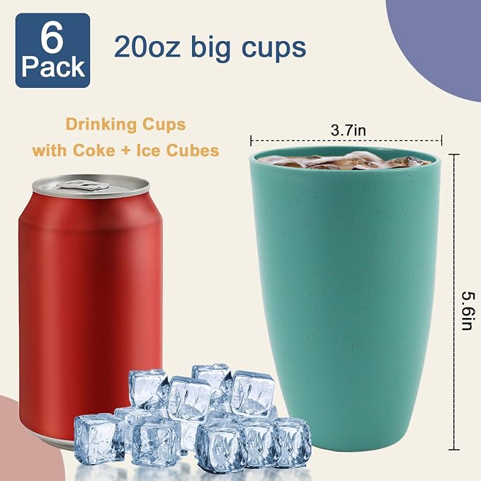 Wheat Straw Cups, 20 OZ Large Cups Set of 6, Unbreakable Drinking Cups, Alternative to Plastic Cups Reusable, Dishwasher & Microwave Safe Water Tumblers for Kitchen, Camping(Multicolor) - Image 3