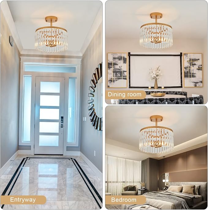12" Gold Semi Flush Mount Crystal Ceiling Light Fixtures for Kitchen Modern Industrial 2-Light Small Chandeliers Lighting for Bedroom Entryway Hallway Living Dining Room Foyer - Image 5