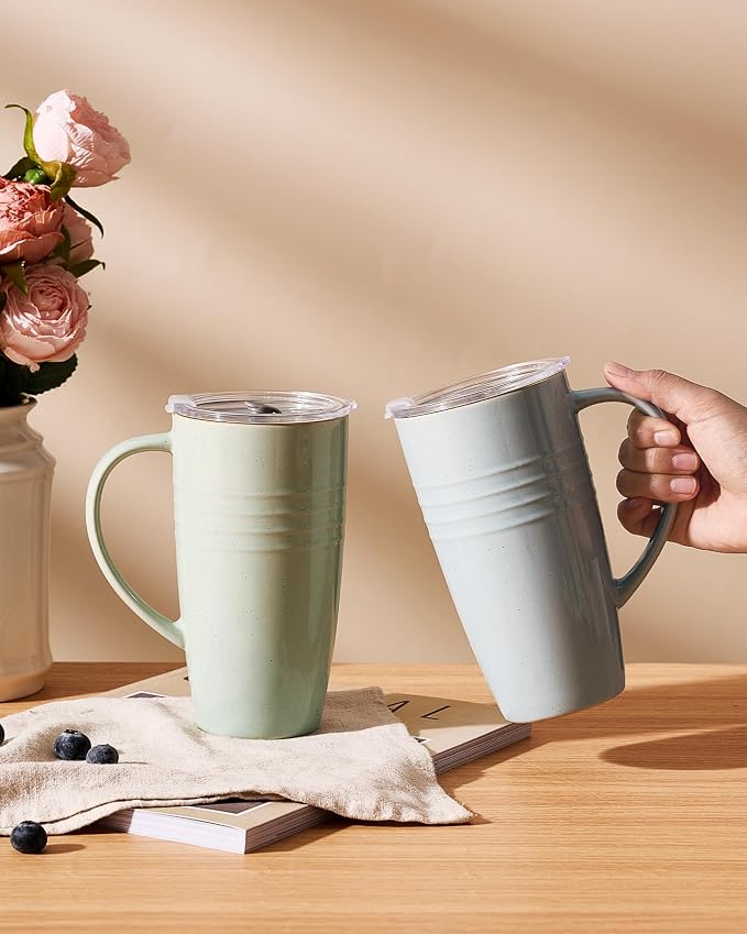famiware Jupiter Large Coffee Mug, 20oz Coffee Mug with Lid, Ceramic Mugs Set of 4, Cup Set with Handle for Latte, Tea, Cocoa, Milk, Microwave and Dishwasher Safe, Light Blue and Light Green - Image 2