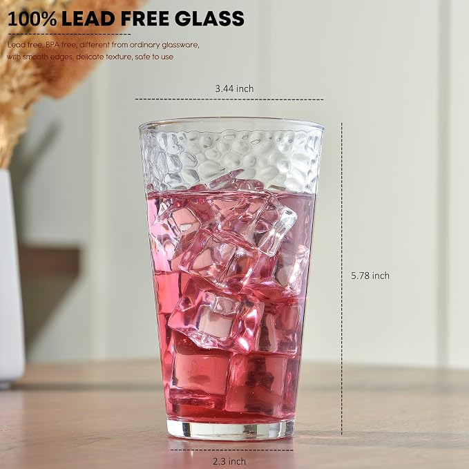 ALINK 16 oz Drinking Glasses, Set of 6 Hammered Glass Cups, Clear Heavy Base Stemmed Highball Water Glasses for Beer, Iced Coffee Cups, Cocktail Glasses, Wine, Iced Tea, Dishwasher Safe - Image 5