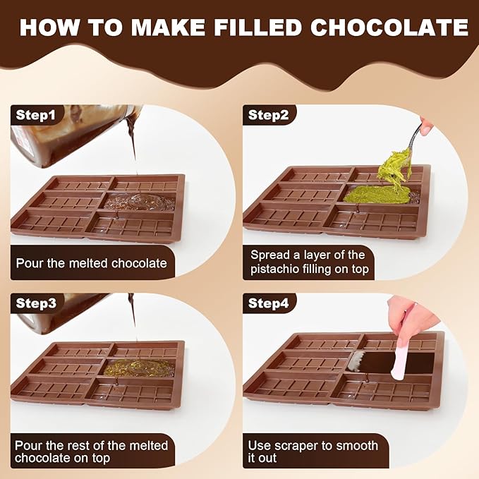 Chocolate Molds 3P, Food Grade Chocolate Molds Silicone, Non-Stick Deep Large Chocolate Bar Mold for Dubai Pistachio, Candy, Snacks and Desserts