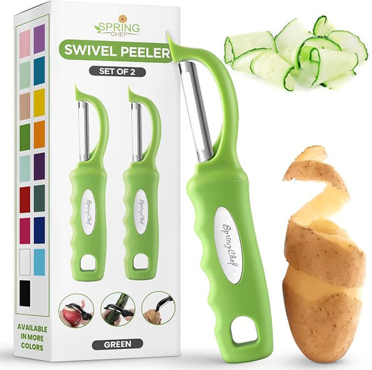 Spring Chef Swivel Vegetable Peeler with Soft Grip Handle, Set of 2, Green | Premium Potato Peeler w/ Ultra Sharp Stainless Steel Blades, Multifunctional Veggie Peeler for Apple, Carrot, Cucumber, Fruit by SpringChef