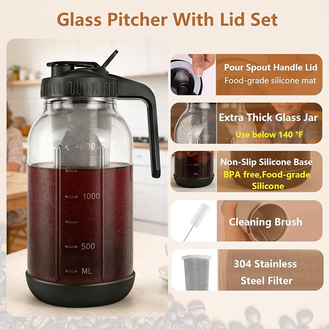 Cold Brew Coffee Maker, 64oz Mason Jar Pitcher with Stainless Steel Filter, Sealed, Leak-Proof Lid with Pour Spout & Handle, Heavy Duty Glass Iced Coffee Tea Brewer with Non-Slip Silicone Base-Black - Image 3