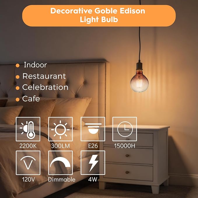 G125 Edison LED Bulb,4W Dim E26,2200K Gradient Brown Striated Glass | Large Globe Decorative Light Bulbs, Warm Ambient Glow, Dim, Match Lamps For Restaurant, Bar & Household Living Space - Image 4