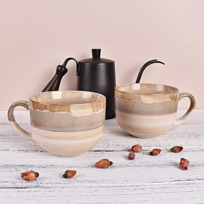 Bosmarlin Large Ceramic Coffee Mug Set of 2, Stoneware Jumbo Latte Mugs for Office and Home, 16 Oz, Dishwasher and Microwave Safe(Brown Grey, 2) - Image 4