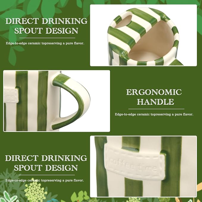1 Pack Ceramic Coffee Mug with Sip Hole Espresso Cup 10oz with Straws Retro Hand Painted Striped Ceramic Iced Coffee Tea Travel Mug Latte Cup for Kitchen Dining (Handle,Green) - Image 3