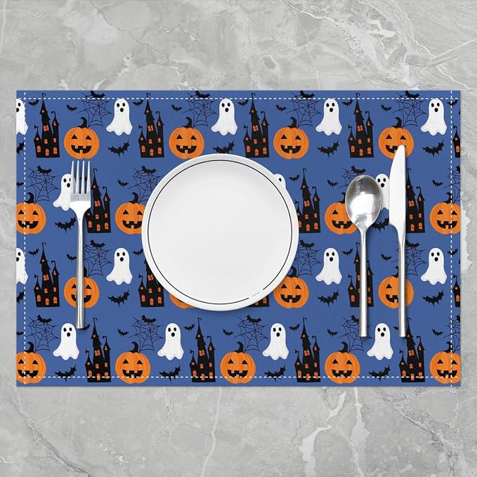 Feelyou Happy Halloween Placemats Set of 4 Pumpkin Lantern Ghost Table Mats Blue White Black Place Mat for Kitchen Dining Table Party Decor Indoor Outdoor 18"x12" Non-Slip Easy to Clean Bats Cobweb - Image 2