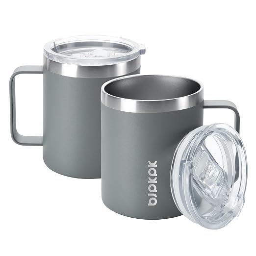 BJPKPK 2PCS Insulated Coffee Mug with Lid, 14oz Stainless Steel Tumbler | Travel Coffee Mug with Handle, Vacuum Insulated Tumbler Cup for Camping, Office, Home, BPA Free Lid, Hot & Cold by BJPKPK