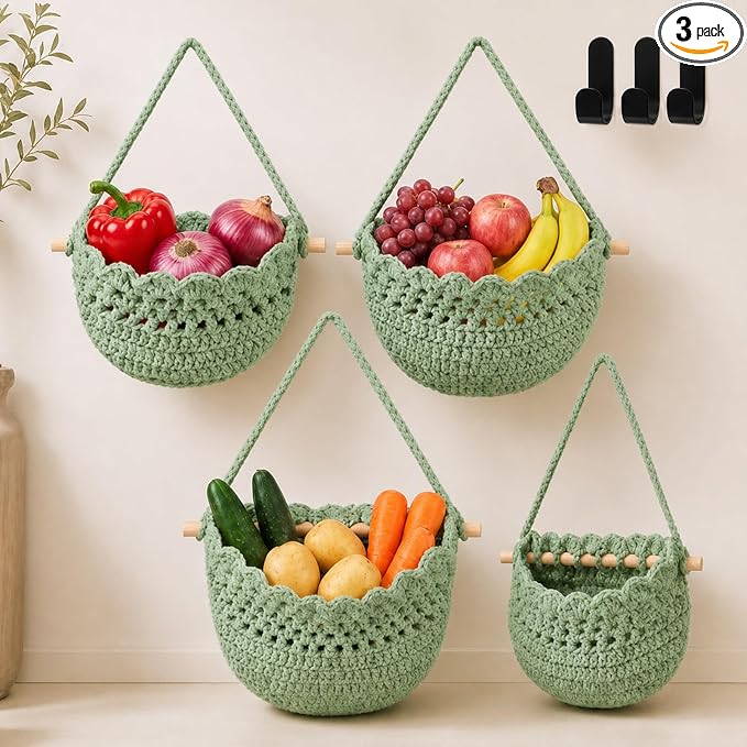 Honeydak Boho Decor Hanging Wall Baskets for Kitchen 3 Pack Teardrop Baskets with Hooks Storage Fruit Onion Vegetable Potato for Home(Sage Green,Lace,Cotton Rope) by Honeydak