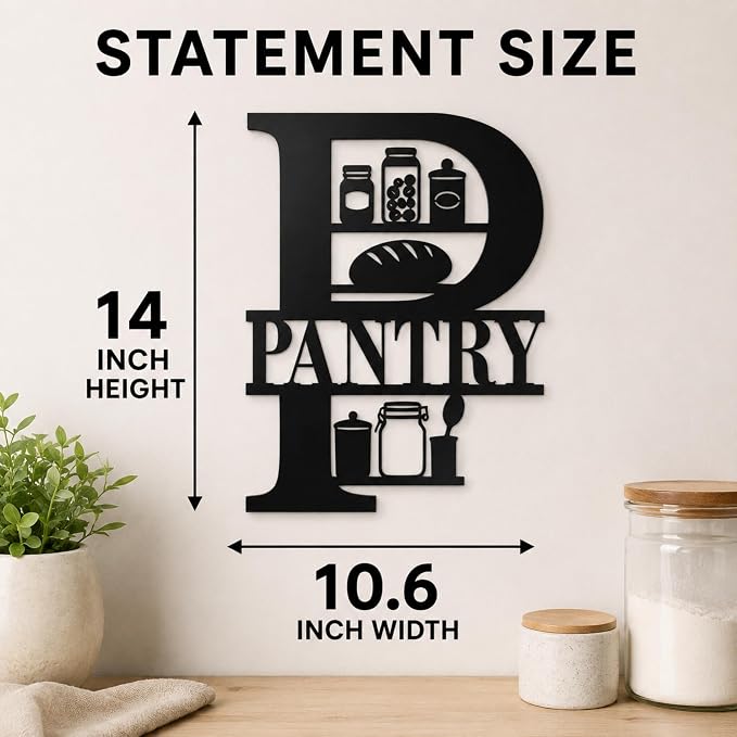 Pantry Metal Wall Decor, Farmhouse Kitchen Pantry Sign, 14 Inch | 14-inch matte black metal pantry sign with pre-drilled holes for farmhouse, rustic, modern, or industrial kitchen decor. - Image 2