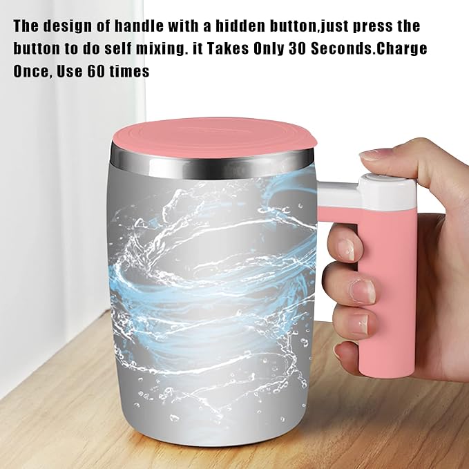 Self Stirring Mug,Rechargeable Auto Magnetic Coffee Mug with 2Pc Stir Bar,Waterproof Automatic Mixing Cup for Milk/Cocoa at Office/Kitchen/Travel 14oz Best Gift - Pink - Image 4