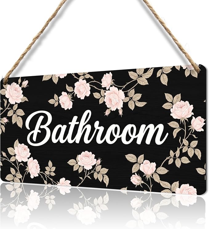 Vintage Farmhouse Bathroom Wall Decor Floral Wood Plaque Room Sign with Hanging Rope, Rustic Cottage Styling, Thoughtful Housewarming Gift 12x6 Inches by Producedbychengcan