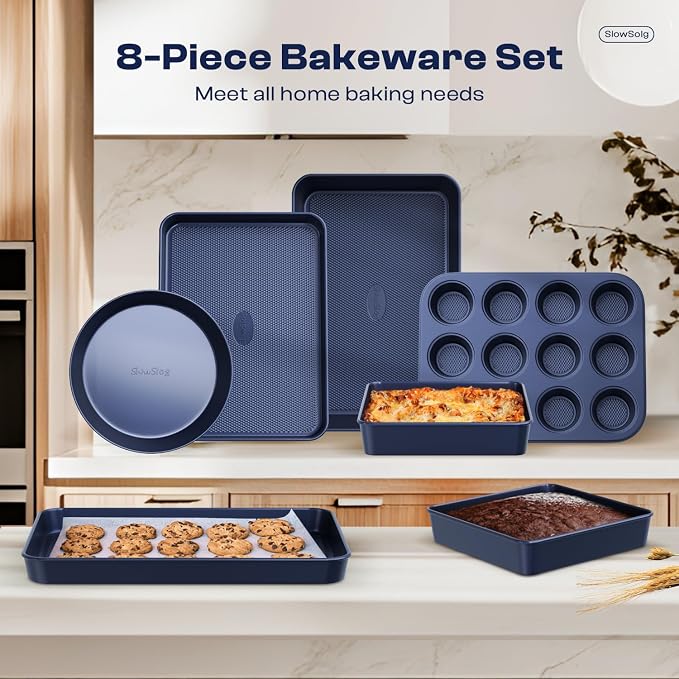Baking Pans Set 8-Piece Bakeware Sets, Baking Sets for Cooking Oven Pan Set | Nonstick Oven Pan Set, Baking Sheet Set, Cookie Sheets for Baking, Muffin Pan, Ceramic Coated Blue - Image 7