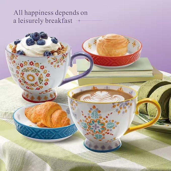 Large Ceramic Coffee Mugs Set of 2,15 oz Stoneware Coffee Cups with 2 Saucers,Underglaze Hand-Painted Cup For Coffee/Cereal/Beer,Festivals and Housewarming Gifts For Family And Friends - Image 2