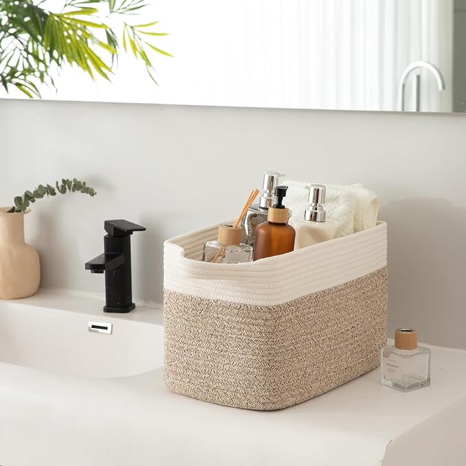 OIAHOMY 3 Pack Storage Baskets for Organizing, 13''X9.85''X8.7'' Storage Bins,Woven Basket with Handles, Toy Storage Bin,Stylish Room Decor Basket, white & Brown variegated - Image 5