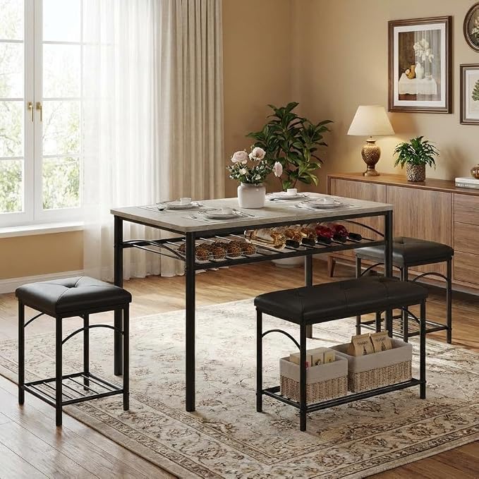 GarveeHome Dining Table Set for 4 with Upholstered Benches and 2 Stools, Modern Space Saving Kitchen Breakfast Table, Ideal for Small Kitchens, Apartments, Studios, and Compact Living Spaces - Image 9
