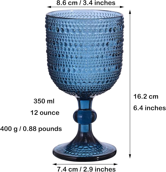 Taganov Glasses Drinking Wine Water Goblets Glassware set of 6 Vintage Stem Glasses Stemware 12 Ounces for Wedding Party Bar Twill Pattern Striped 350 ml (Blue) - Image 6