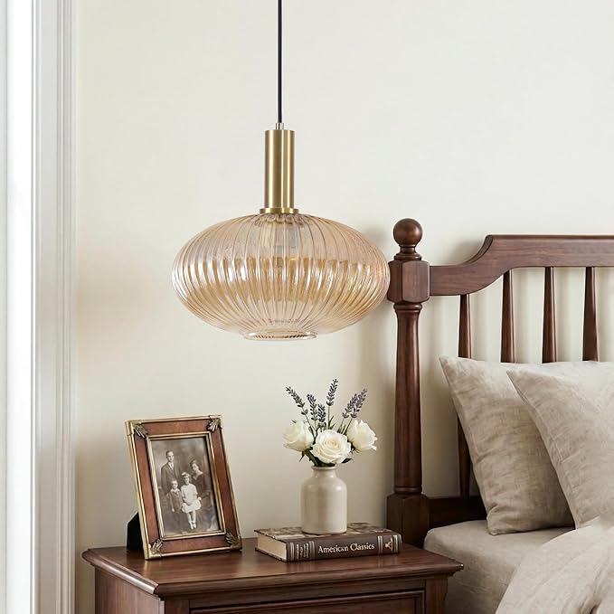 KCO Modern Brushed Brass Gold 11.8” Large Amber Ribbed Glass Pendant Light | E26 Adjustable Lantern Hanging Light for Sloped Ceiling Mid Century Vintage Ceiling Light for Kitchen Island Sink Dining Room - Image 5