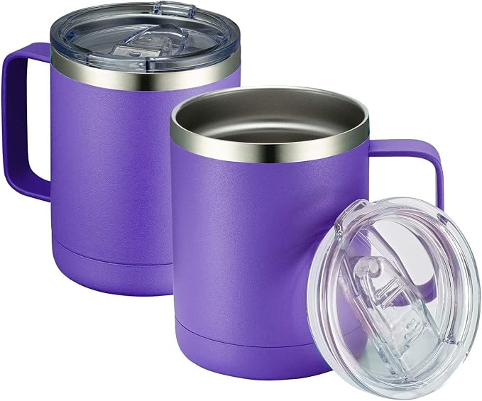 MEWAY 12oz Coffee Mug With Handle 2 Pack Bulk,Stainless Steel Insulated Travel Tumblers With Sliding Lid,Double Wall Vacuum Camping Cup for Hot & Cold Drinks Tea (Purple,Set of 2) by MEWAY