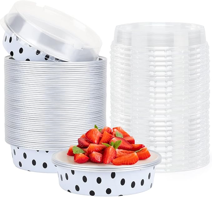 Beasea Mini Tart Pans with Lids 50 Pack, 4” 8oz Disposable Aluminum Baking Foil Tins Round Small White Black Dot Container for Individual Cupcake Dessert Muffin Ramekin Cheesecake Quiche Oven Dishes by Beasea