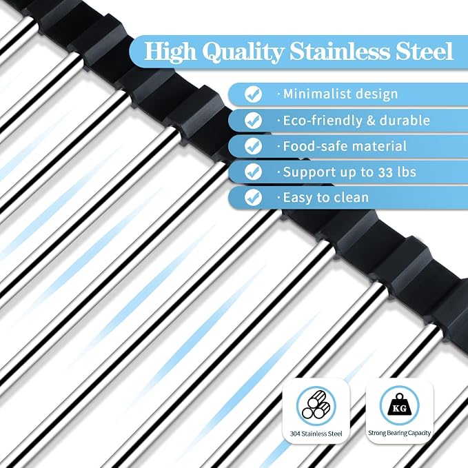 Seropy Roll Up Dish Drying Rack Over the Sink Drying Rack for Kitchen Counter, Rolling Dish Rack Over Sink Mat, Foldable Dish Drainer Stainless Steel Rack Kitchen Organization Gadgets 20.5"x11.8" - Image 4