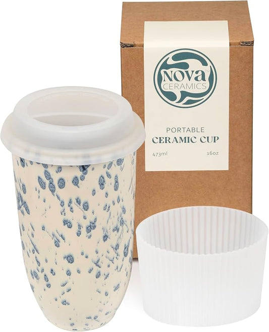 NOVA CERAMICS Travel Coffee Mug– Travel Coffee Tumbler – On the Go Coffee Mug – Microwave & Dishwasher Safe Green Coffee Tumbler - Gifts For Women Men Him Her – 16oz – Orchid by NovaCeramics
