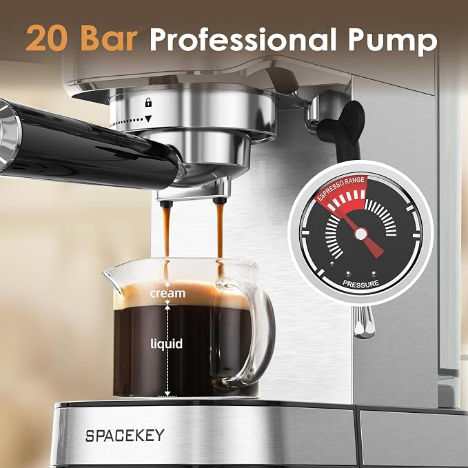 Spacekey Espresso Machine with Milk Frother, 20 Bar Compact Expresso Coffee Machines for Home, Stainless Steel Espresso Maker with 39oz Removable Water Tank for Cappuccino Latte, Fast Heating, Silver - Image 2