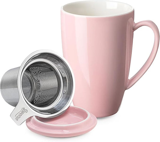 Sweese 15 OZ Porcelain Tea Mug with Infuser and Lid, Loose Leaf Tea Cup, Gifts for Tea Lover, Pink by Sweese