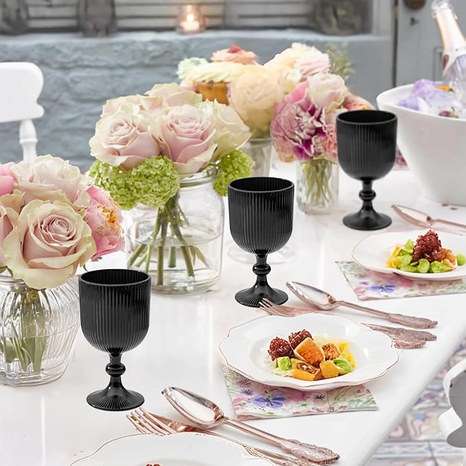 Black Vintage Wine Glasses Set of 6, 11 Ounces Colored Glass Water Goblets, Unique Embossed Pattern High Clear Stemmed Glassware Wedding Party Bar Glass Drinking Cups Fancy Glasses Hand Wash Only - Image 4