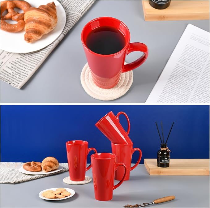 BYCNZB 16oz black Funnel Ceramic Tall Coffee Mugs for Coffee, Tea, Cocoa, Latte, Milk set of 4 (Red) - Image 5