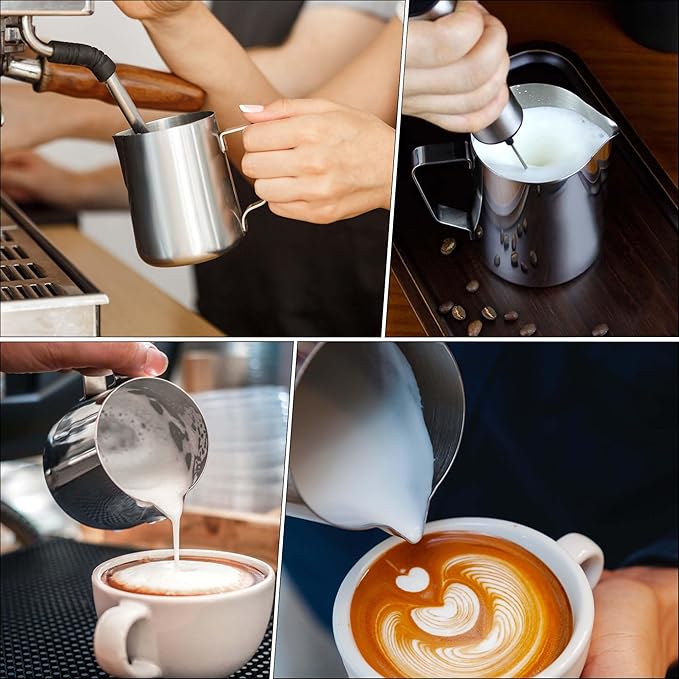 Milk Frothing Pitcher, 12oz Espresso Steaming Pitchers Stainless Steel Cappuccino Coffee Machine Accessories Barista Tools Steamer Froth Pitchers Milk Jug Cup with Decorating Pen Latte Art