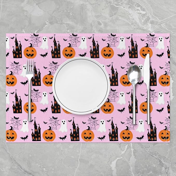 Feelyou Happy Halloween Placemats Set of 4 Cute Ghost Pumpkin Table Mats Pink White Black Place Mat for Kitchen Dining Table Party Decor Indoor Outdoor 18"x12" Non-Slip Easy to Clean Bats Cobweb - Image 2