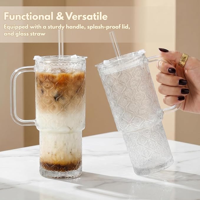 20 oz Glass Tumbler with Lid and Straw, Glass Iced Coffee Cups, Spill-proof Glasses Tumbler with Handle, Hobnail Glasses Drinking Set of 2, Vintage Glassware for Cocktail, Juice, Smoothies - Image 2