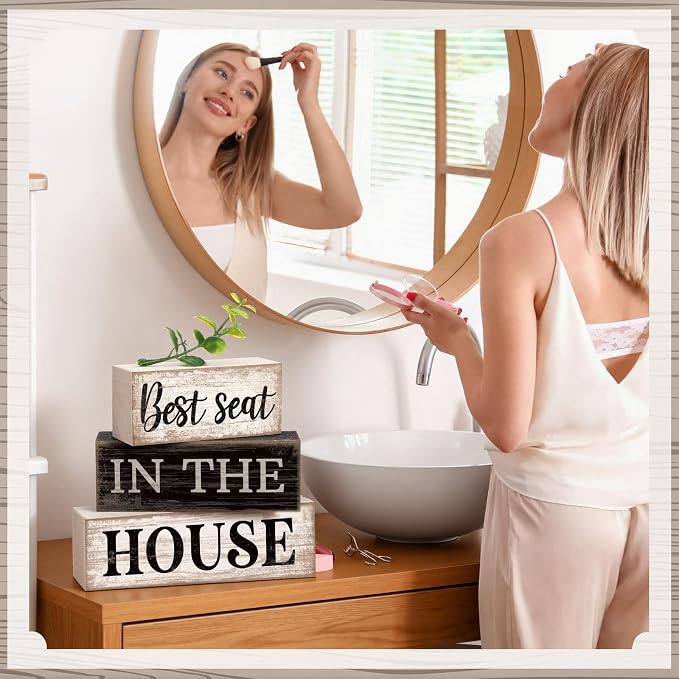 Moucuny 4 Pcs Bathroom Shelf Decor Signs Farmhouse Best Seat in the House Bathroom Decor and Accessories Rustic Eucalyptus Leaves Sign Gift Best Seat in the House Farmhouse Centerpiece for Home Toilet - Image 7