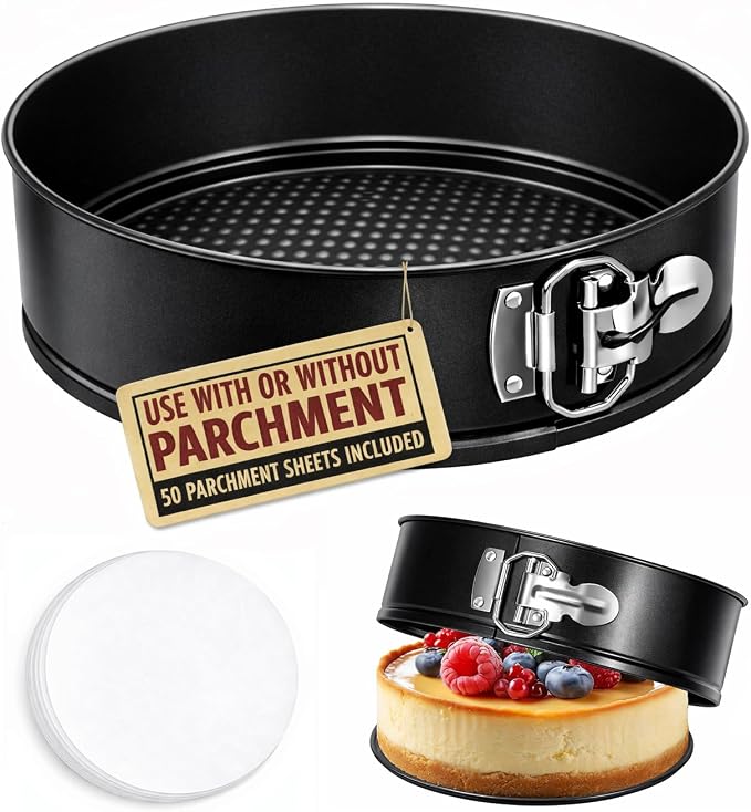 Tellshun 8 Inch Non-stick Springform Pan with 50 Pcs Parchment Paper Cheesecake Pan with Removable Bottom Baking Mold Round Leakproof | Nonstick Round Tin Leakproof Removable Bottom Bakeware for Cake Pie Pizza and Quiches Carbon Steel and Non-stick Coa... by Tellshun