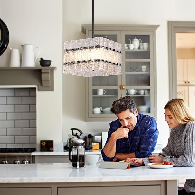 Modern Black Crystal Chandelier for Dining Room,Contemporary Square Water Ripple Glass Chandelier 4 Lights for Kitchen Island Entryway UL Listed - Image 5
