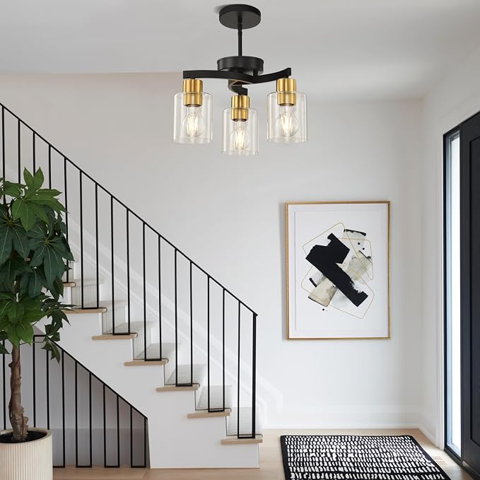Black Brass Dining Room Chandelier, 3 Light Modern Industrial Pendant Light for Kitchen Island, Adjustable Height Ceiling Light with Clear Glass Shades,E26 Base,Dimmable - Image 7