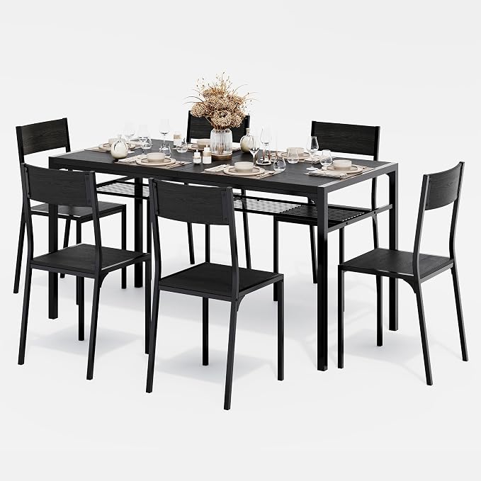 Gizoon 7-Piece Dining Table Set for 6, Kitchen Table with Chairs Black | Spacious black 6-person dining set with under-table storage rack. Ergonomic chairs slide under table to maximize space. by Gizoon