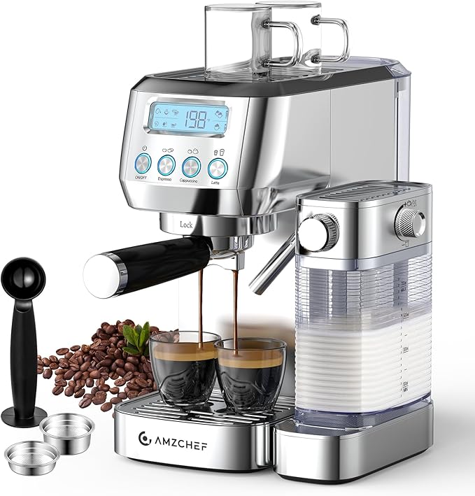 AMZCHEF Espresso Machine with LCD Display, 20 Bar Cappuccino Machines with Upgraded Automatic Milk Frother for Home Gifts, Latte Coffee Maker with Dual Wall & Filters, Sliver