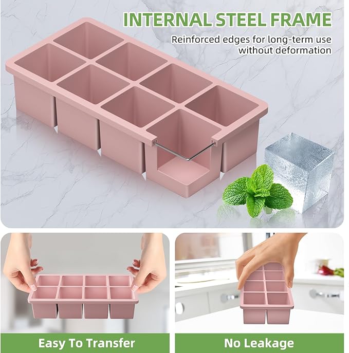 Large Ice Cube Molds, 2 Pack Easy Release Ice Trays for Freezer with Lid, Stackable Square Big Silicone Ice Cube Tray BPA Free Slow Melting for Bourbon Whiskey, Cocktails, Iced Coffee (Pink)