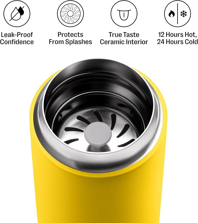 Fellow Carter Move Ceramic Lined Travel Coffee Mug 12 oz Stainless Steel | No Metallic Taste Coffee Tumbler, Leak-Proof Lid, Dishwasher Safe, Hot 12Hr Cold 24Hr, BPA-Free, Fits Cup Holders, Lemon Zest - Image 2